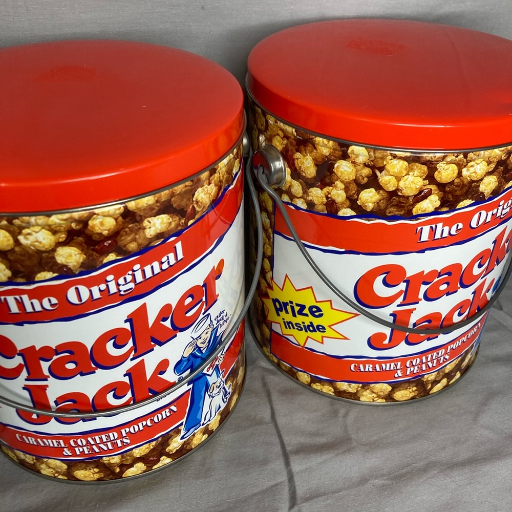 Set Of 2 Rare Large Vintage Cracker Jack Tins Pails 2001